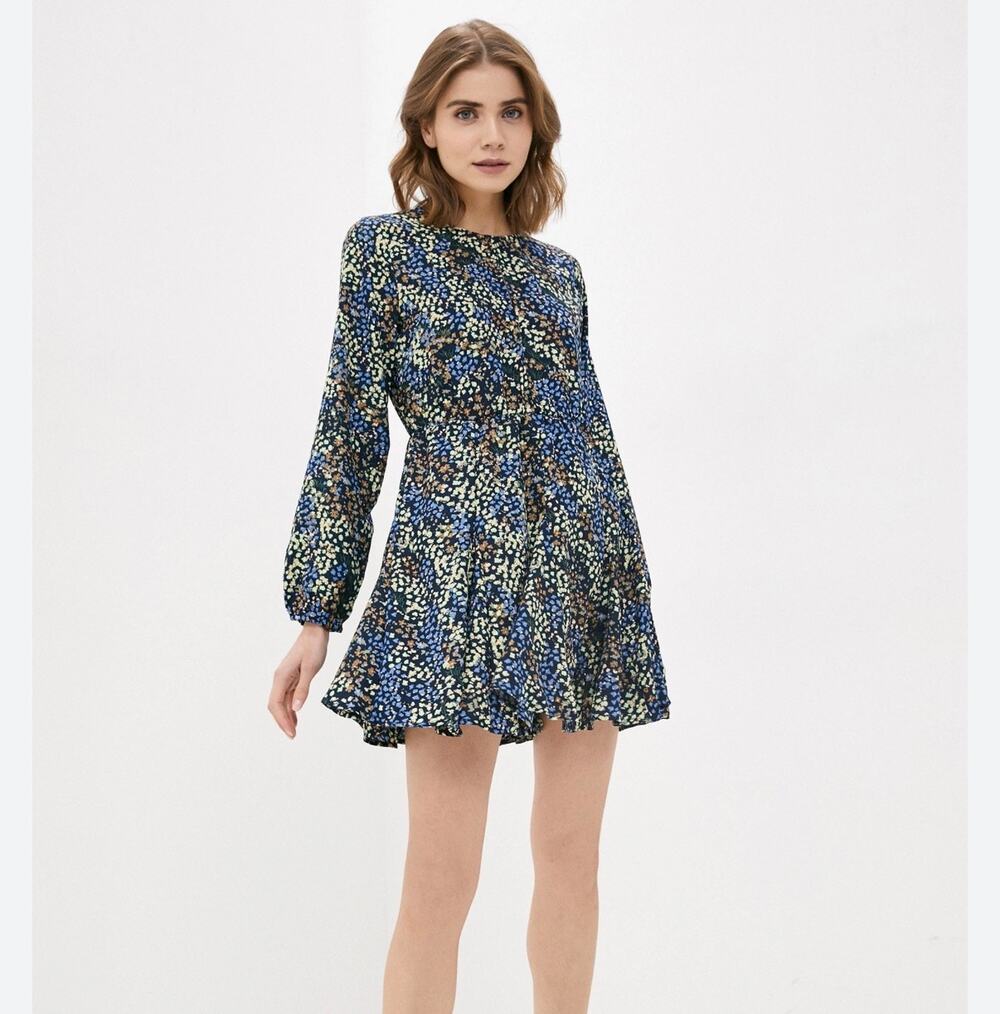Jacqueline De Yong Black Long Slee Floral Mini Dress Sz 42/L